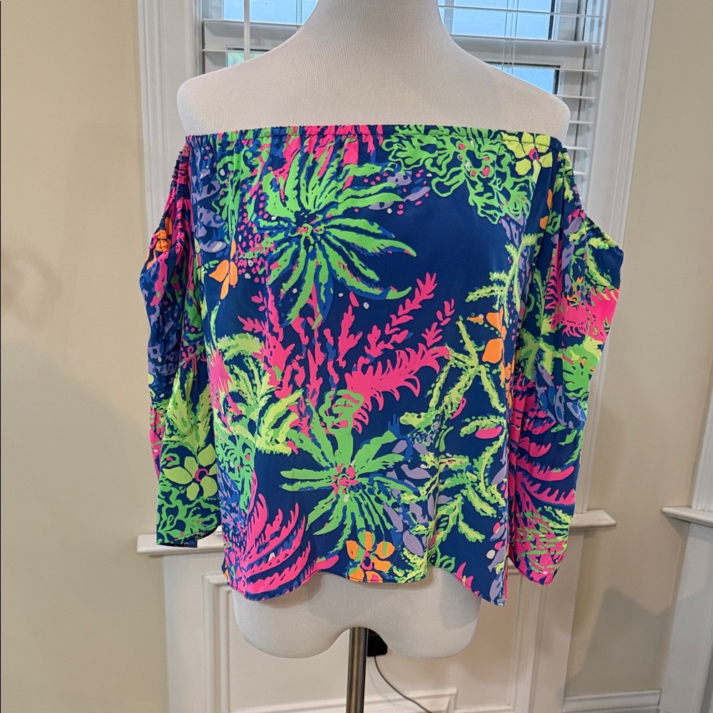 Lilly Pulitzer Navy Off-Shoulder Top with Neon Pink, Green & Orange Print
